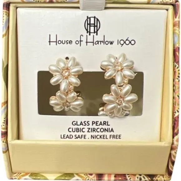 NWT House of Harlow Glass and Pearl Hoop Flower Earrings - Picture 2 of 3
